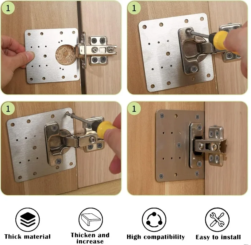 Kits de plaques de réparation de charnière en acier inoxydable, avec vis, montage de porte d'armoire, supports de fixation plats, outils de quincaillerie pour meubles, 2/10 ensembles