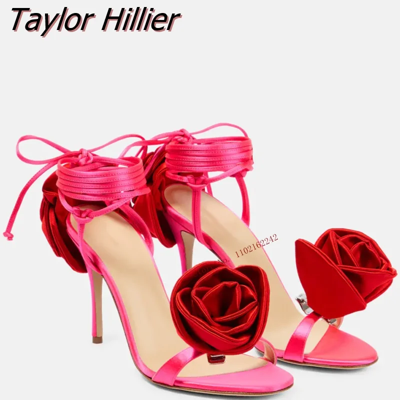 Summer Temperament Satin Rose High-Heeled Shoes Round Toe Stiletto Heel Strappy Sandals Fashion All-Match Winding Wedding Shoes