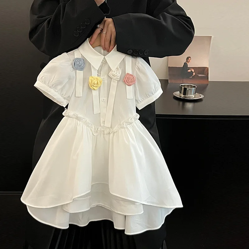 

77309 Fashionable Summer Children's Clothing Stylish New Girls' Floral White Puff Sleeve Puffy Dress