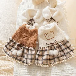 Winter Warm Dog Dress Fashion Dog Clothes with Scarf Soft Plush Puppy Skirt Cute Plaid Cat Princess Dress Pet Coat Dog Costumes