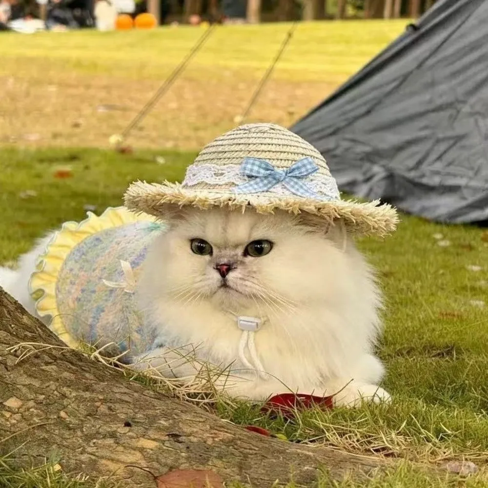 Breathable Pet Lace Bow Hat Sun Protection Hand Knitting Cat Straw Hat Adjustable Chin Strap Pet Fisherman Hat Outdoor Use