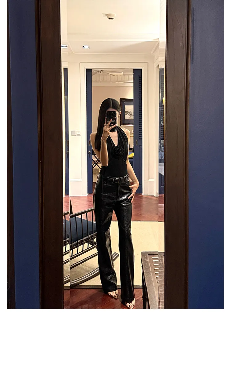 Lautaro Spring Autumn Shiny Lizard Print Pu Leather Straight Pants Women High Waist 2026 Chic Luxury Brands Alternative Pants