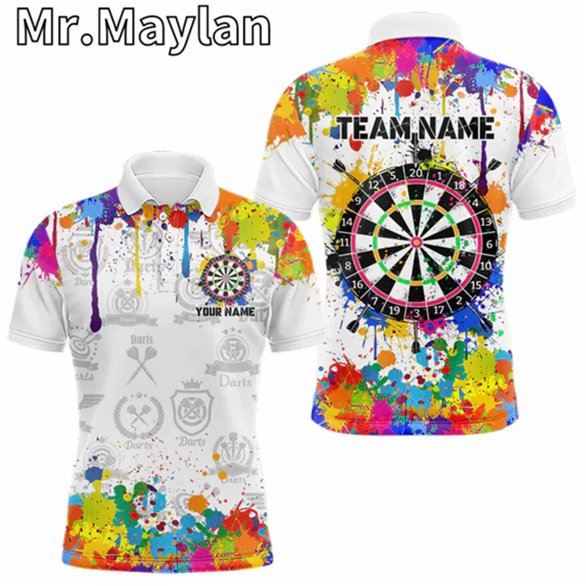 

Custom 3D Funny Dartboard Colorful Paint Splash Design Polo Shirts White Team Jersey for Men's Sports Wear