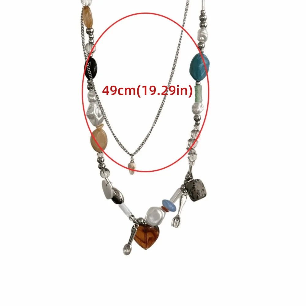 2 قطعة بسيطة طبقة مزدوجة على شكل قلب قلادة قلادة شوكة ملعقة غير النظامية حجر قلادة معدنية خمر سلسلة الترقوة يؤرخ