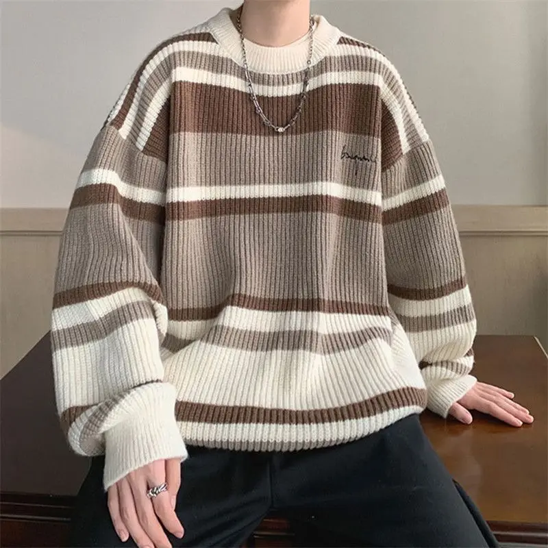 Striped Sweater Men's Japanese Loose Retro Student Contrasting Base Shirt Round Neck Knit Jacket Men's Handsome