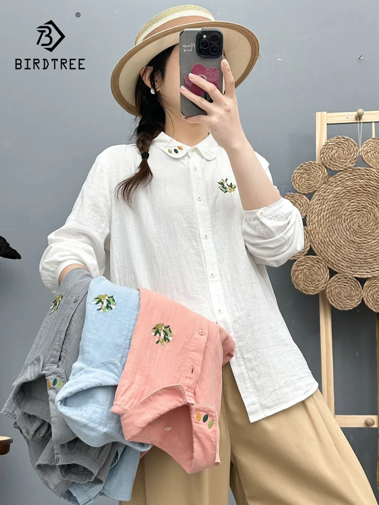 

New 2025 Autumn Cotton Yarn Long Sleeve Shirt, Women Turn-down Collar Embroidery, Mori Girl Casual Sweet Loose Blouse T5O301CC