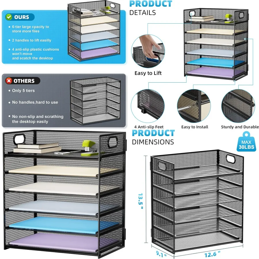 6-уровневый сетчатый настольный органайзер для файлов с ручкой для сортировки писем и бумаги формата А4 — компактный черный органайзер для лотков для бумаги для дома