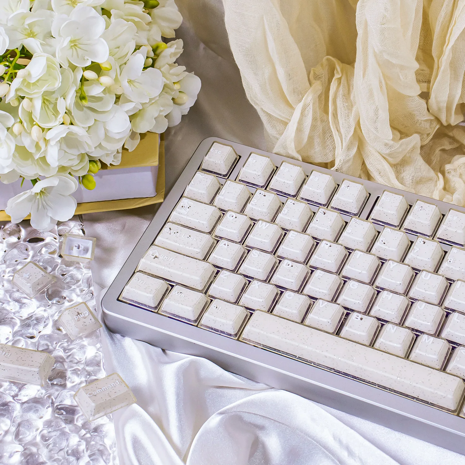 Glitter White Jade Keycaps 162 Keys PBT+PC Double shot cherry profile Translucent keycap sets For MX Mechanical Keyboard