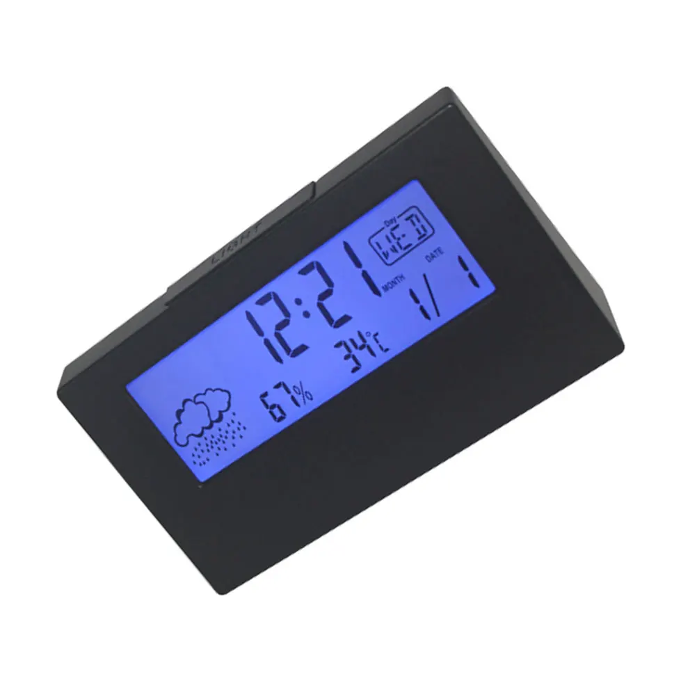 

Black Ring Bell Alarm Clock LCD Desktop Clock with Temperature Humidity Weather Display Easy Alarm Setting for Morning