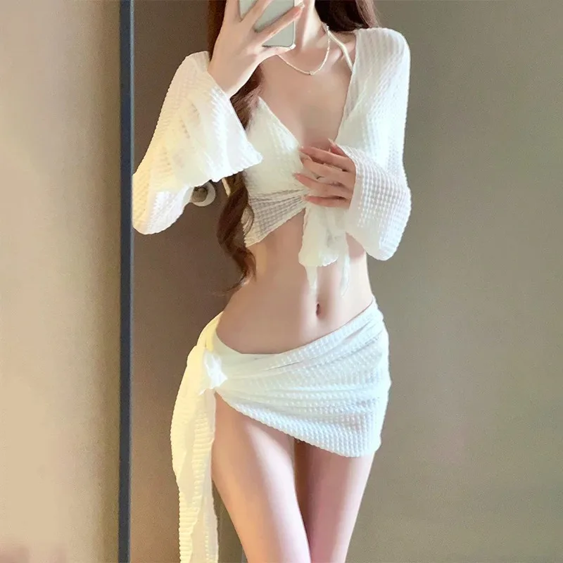 

Women 4 Piece Swimsuit White Black Long Sleeve Front Tie Cover Up Skirt Swimsuit High Waist Bathing Suit Holiday Swimwear
