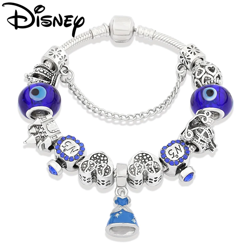 ديزني الأزرق الداكن المينا فستان الأميرة قلادة حبة سوار فضي اللون تاج القلعة القلب ميكي ميني الكرتون سوار هدية