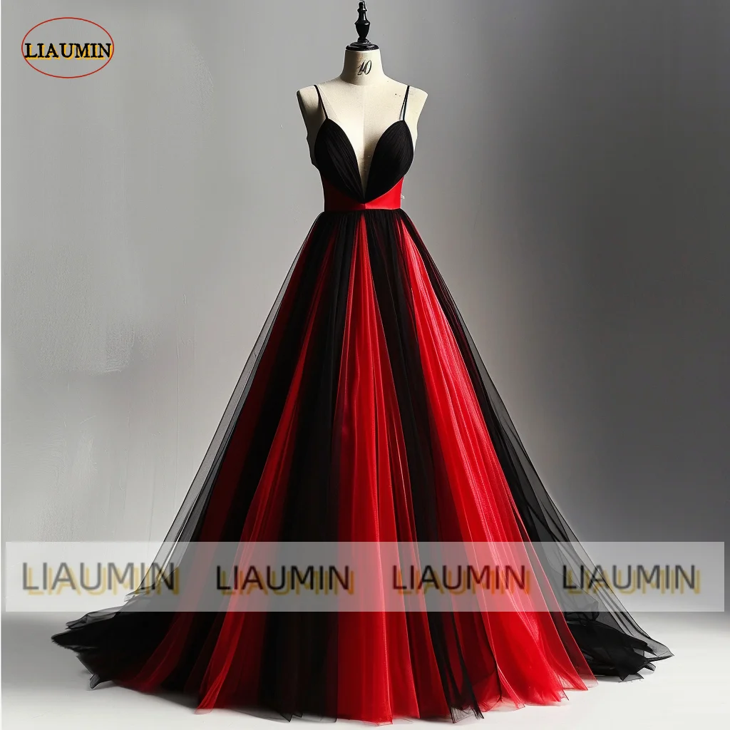 Cinturino con scollo A V in Tulle nero rosso una linea abito formale da sposa A figura intera per abito da sera con lacci sul retro personalizzato fatto A mano A1-17.1