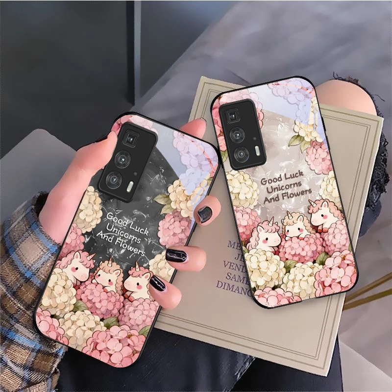Cute cartoon pink unicorn For Motorola Moto Edge 20 Lite 30 Pro 40 Neo 50 Ultra G Play G45 G54 G55 G75 G84 G85 Glass Phone Case view 3
