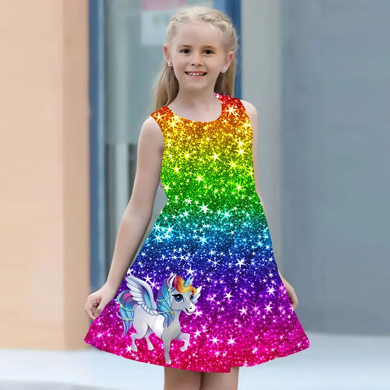 Vestido de verão para meninas, sem mangas, impressão 3d, princesa, unicórnio, para crianças de 2 a 7 anos