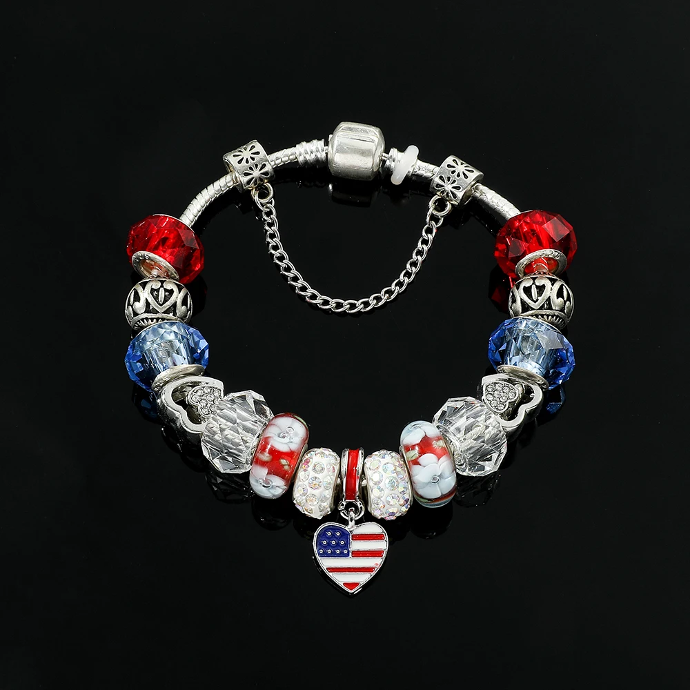 American Flag Crystal Beads Bracelet Heart USA Flag Enamel Pendant Bangle 4th of July Independence Day Fashion Accessories