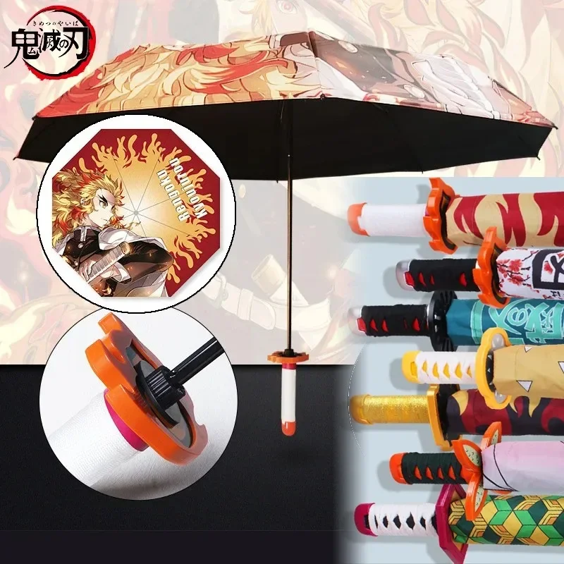 Demon Slayer Katana Umbrella Three-folding Anime Rain Parasol Kimetsu No Yaiba Rengoku Kyoujurou Japanese Samurai Sword Umbrella