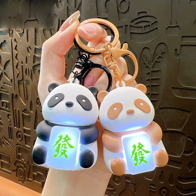 Creative Mahjong Panda Luminous Keychain Cte Cartoon Glowing Animal Key Ring Kawaii Panda Doll Bag Car Pendant for Women Couple