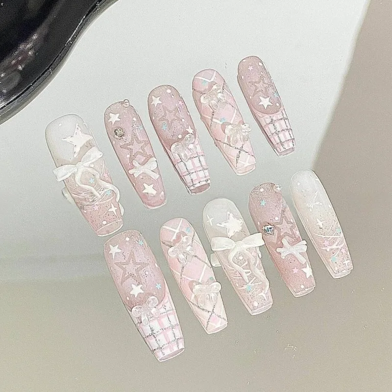 10PCS Sweet Pink Medium Coffin Handmade Press on Nails Cute 3D Bowknot Star Plaid Patterns French Fake Nails Tip for Women Girls
