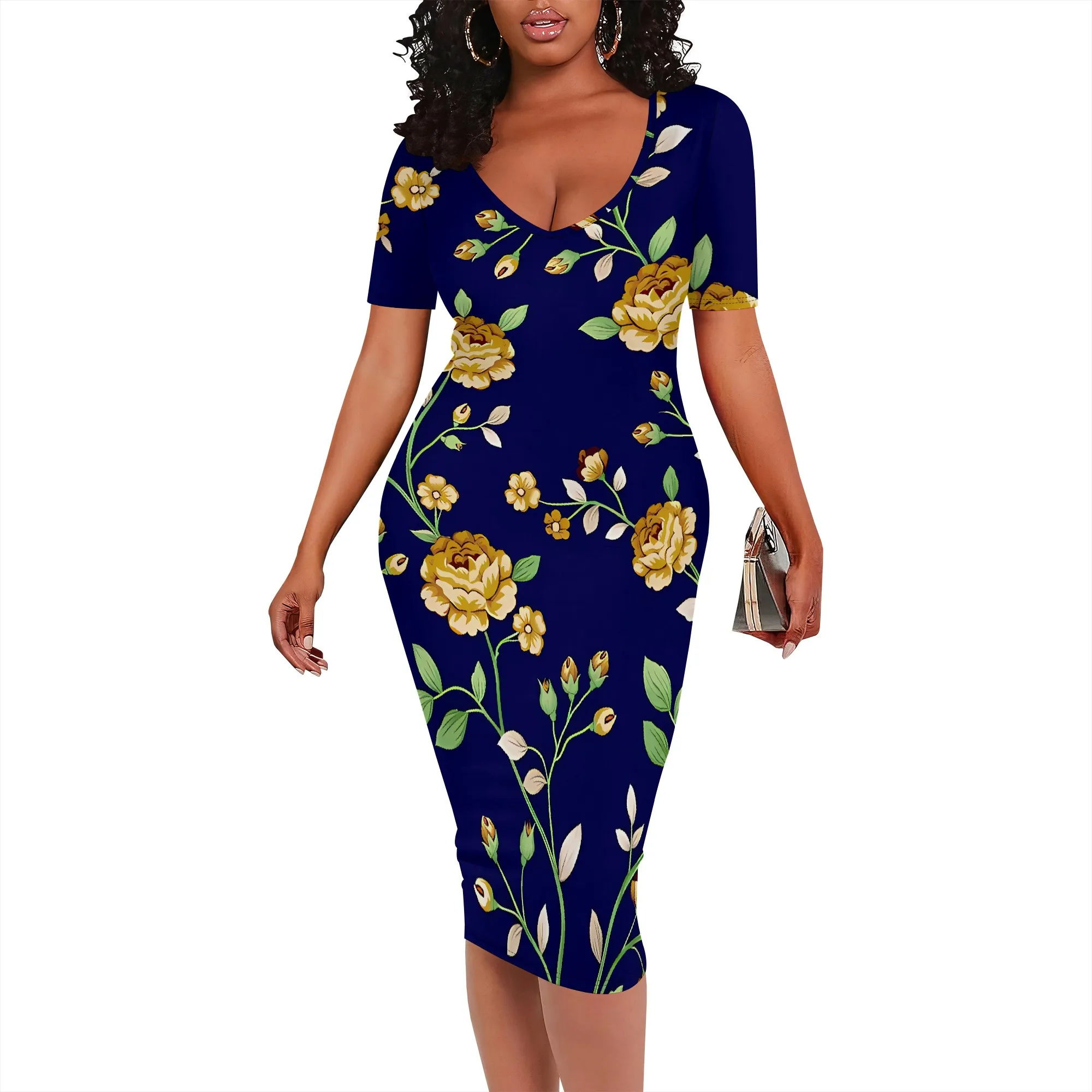 Nupusa Floral Print Dress for Women Standard Size Summer Elegant Square Neck Short Sleeve Bodycon Dress