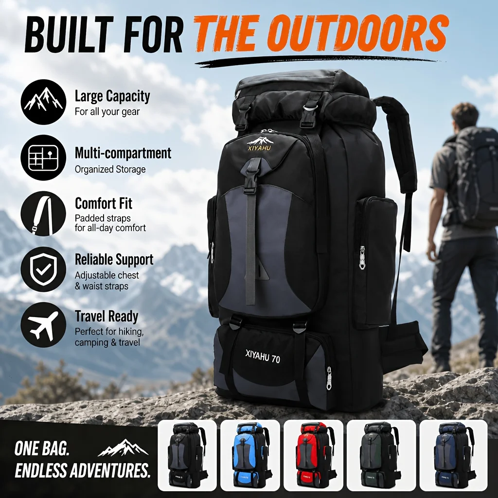 70L Large‑Capacity Hiking Backpack Multi‑Compartment Drawstring Top Closure Dual Side Pockets Waist Strap Reinforced Webbing