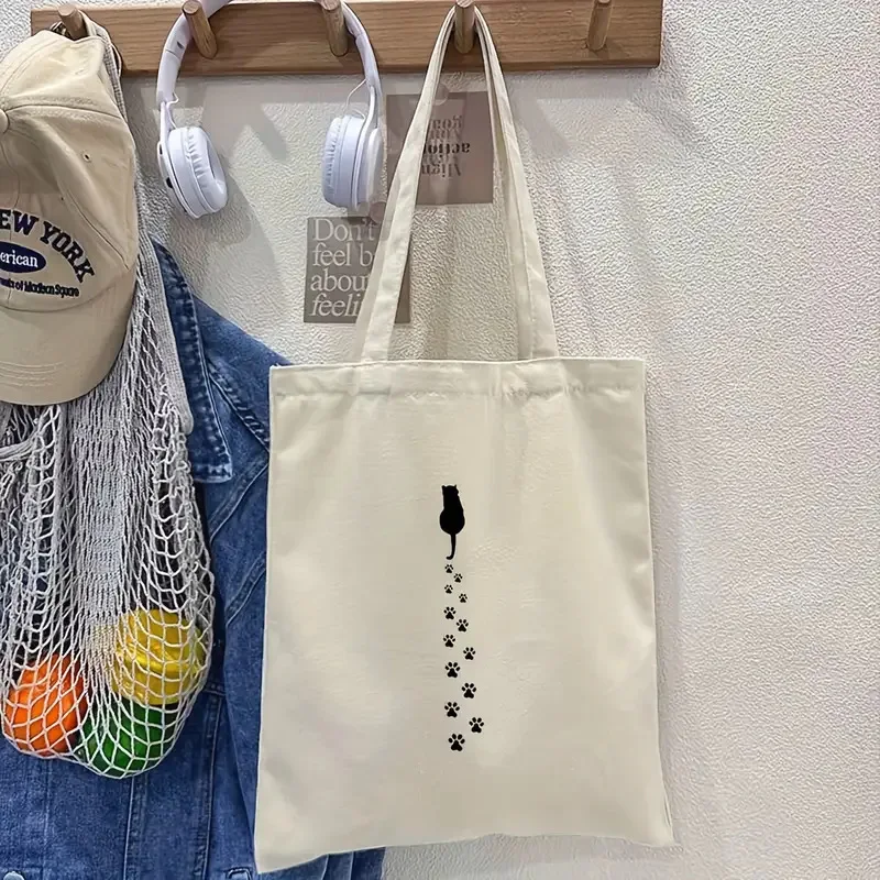 Minimalistische Canvas-Umhängetasche für Damen, süße Katzen-Druck-Einkaufstasche, wiederverwendbar, umweltfreundlich, Einkaufstasche für Schule, Reisen, Pendeln