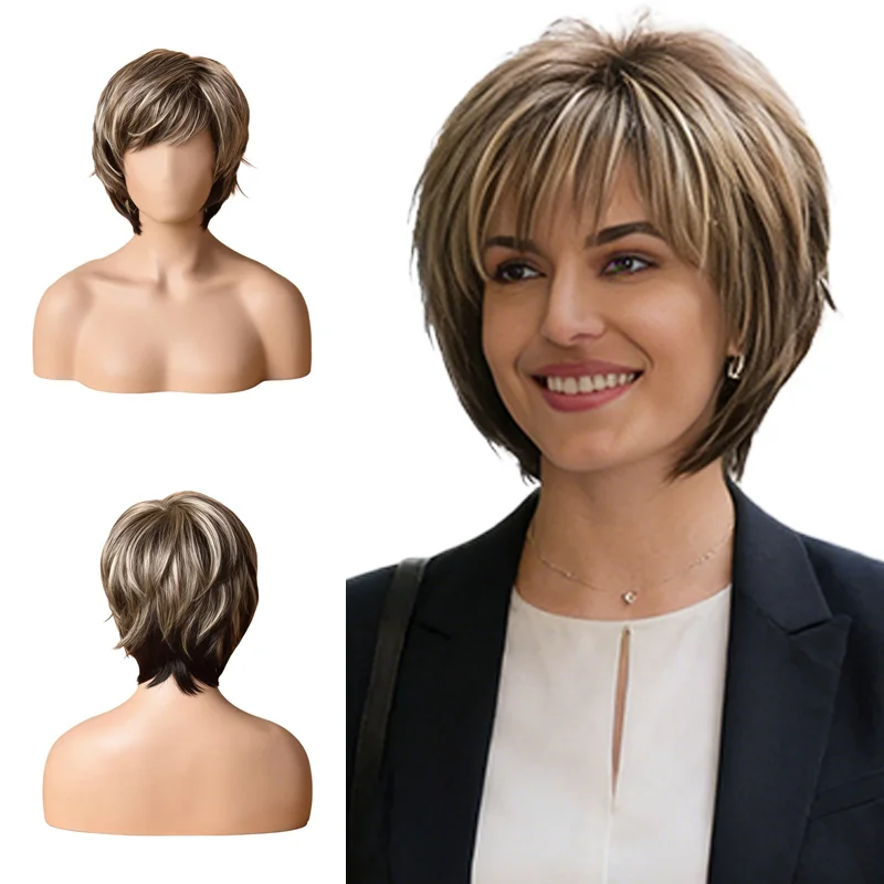 Mixed Brown Blonde Highlight Short Pixie Wig Natural Layered Heat Resistant Synthetic Wigs For Older Women Daily Cover Gray Hair