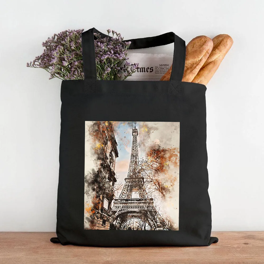 Paris New York London Pisa Rome Athens Ink Painting Watercolor Women Girl Canvas Shoulder Handbag Tote Eco Shopper Shopping Bags