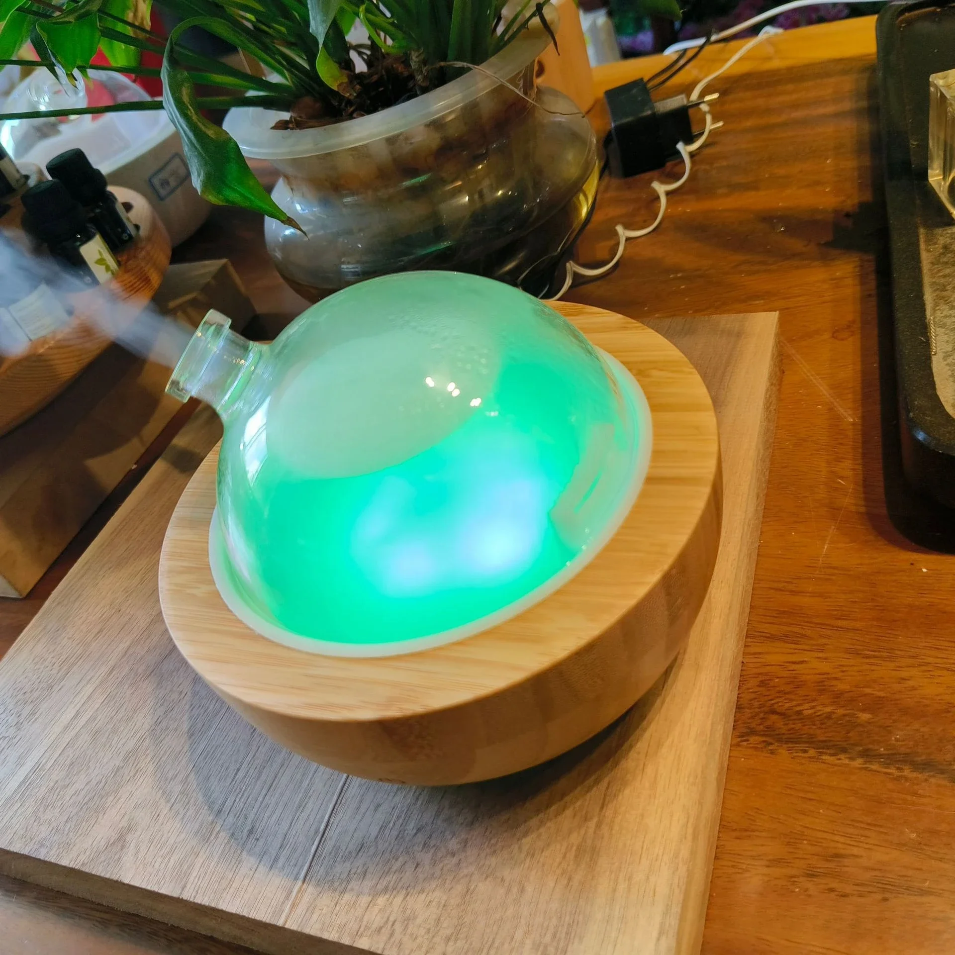 Glass Essential Oil Diffuser with Real Wood Base, 200ml Ultrasonic Aromatherapy Diffuser, Glass Dome Humidifier, LED Light Avail