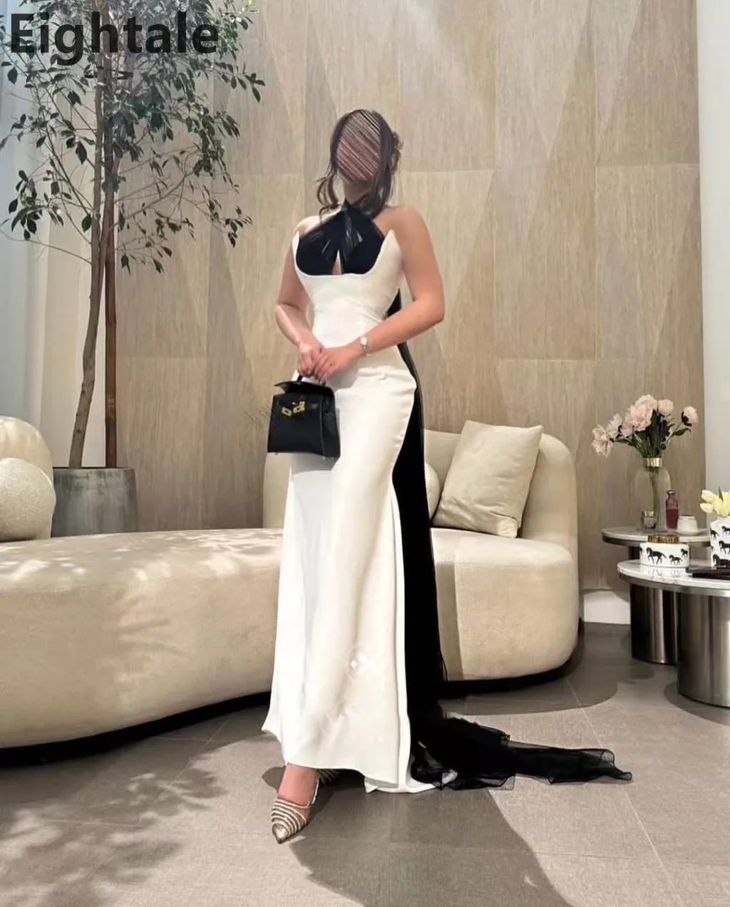Eightale 2025 Contrast สีสีดําสีขาว Mermaid ชุดราตรี Halter คอหรูหราดูไบงานแต่งงาน Robe De Soiree ที่กําหนดเอง