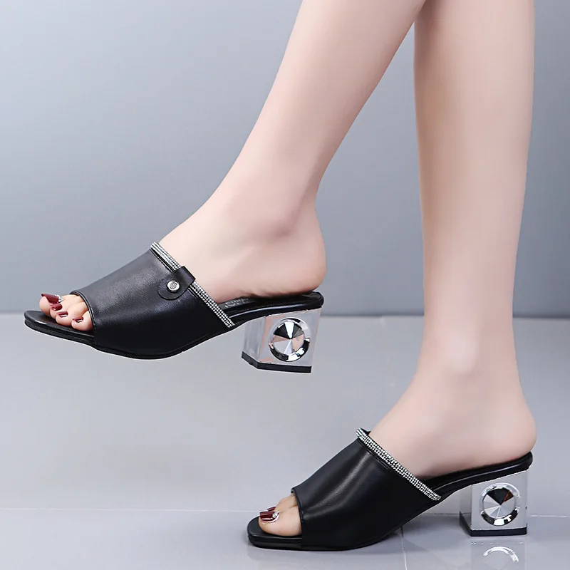 Sapatos Femininos Summer Outside Modern Slippers Fashion Open Toe High Heels Casual Square Heel Women Shoes Fish Mouth Slippers