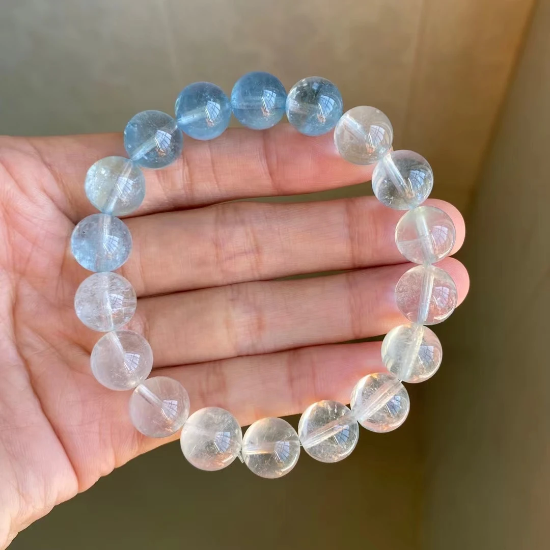 

Natural Blue White Aquamarine Quartz Bracelet Clear Round Beads 11mm Colorful Aquamarine Gemstone Wealthy Women Men AAAAAAA