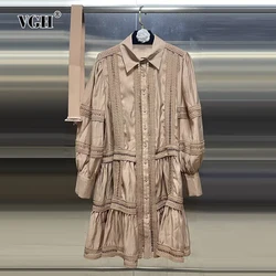 VGH Solid Patchwork Belt Elegant Dresses For Women Lapel Long Sleeve High Waist Hollow Out Temperament Dress Female Fashion New