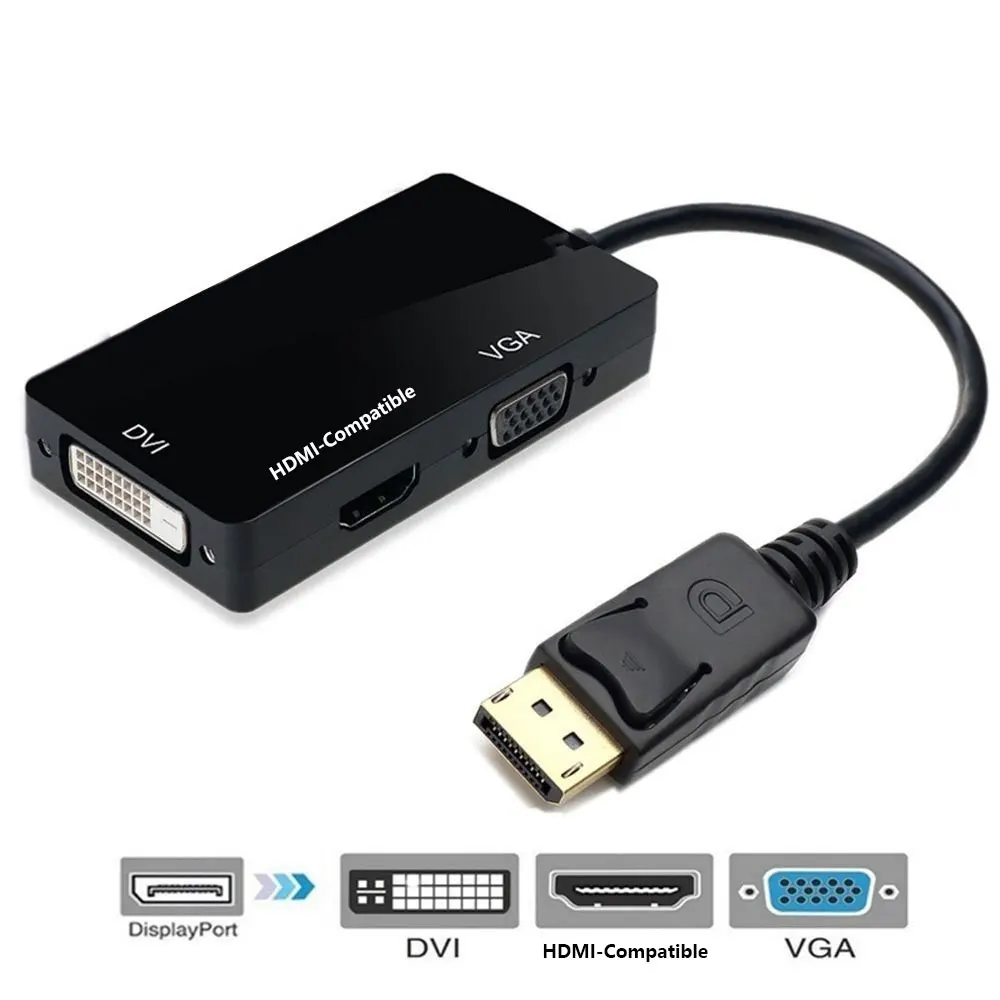 Адаптер Displayport DP в HDMI, совместимый с DVI, VGA, 1080P, кабель-преобразователь для дисплея, 3 в 1, для настольных ПК, ноутбуков, ТВ-проекторов