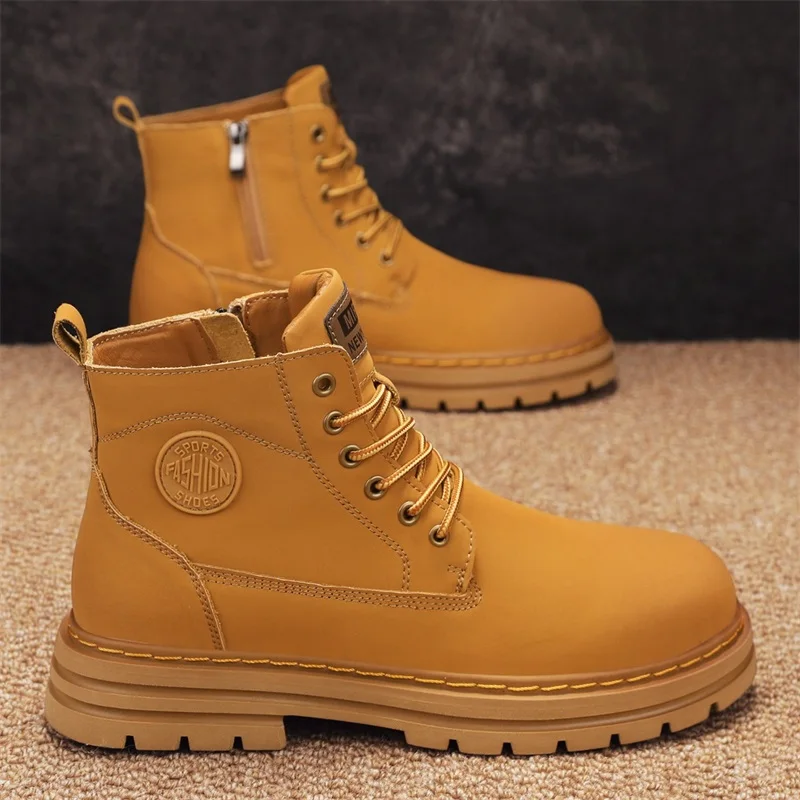 

Retro Casual High Top Boots for Men Winter Chunky Rhubarb Boots Men's Motorcycle Ankle Boots Lace-Up Work Footwear Botas Hombre