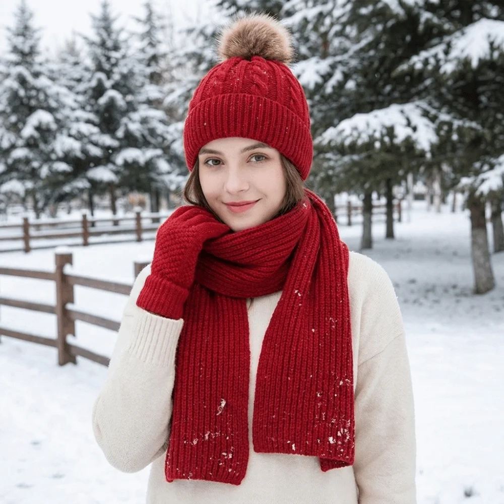 3Pcs/Set Cold Proof Scarf Hat Gloves Set Elastic Warmer Mittens Woolen Hat Thickened Solid Color Knitted Scarf Cycling