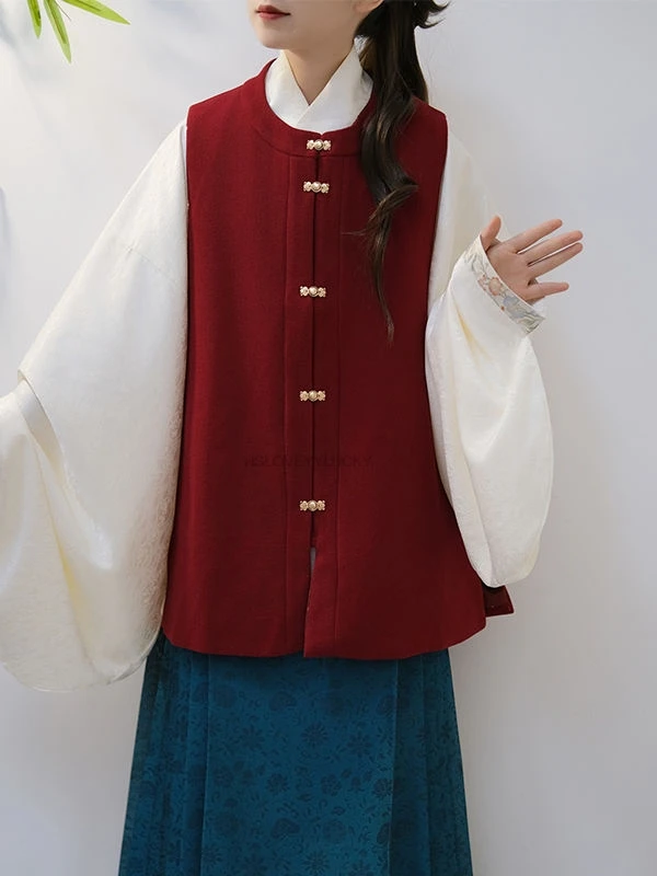 Chinese Style Autumn Winter New Thcken Round Neck Front Woolen Pockets Daily Commuting Red Ming Dynasty Hanfu Women Vest