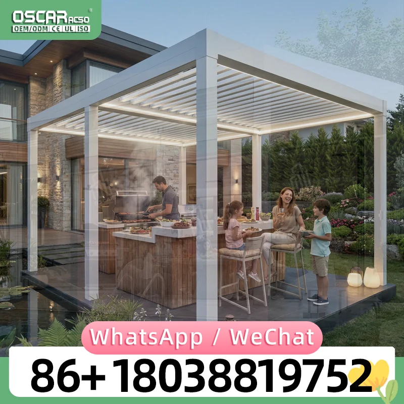 Bioclimatic Pergola with Motorized LED Blinds Waterproof Windproof EcoFriendly Custom Sizes for US Balcony Outdoor Patio Use per