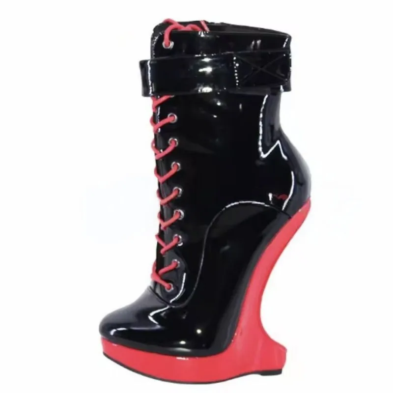 

SHOFOO Sexy women's high-heeled boots. Brown black patent leather short boots. About18cm heel height. Strange style ankle boots.