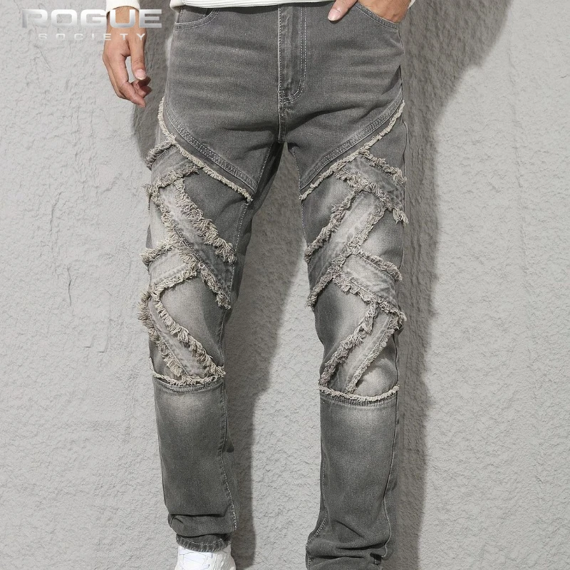 

Harajuku Retro Frayed Patchwork Luxury Jeans Men Y2K Washed Moto Design Distressed Denim Pants Streetwear Grunge Trousers Unisex