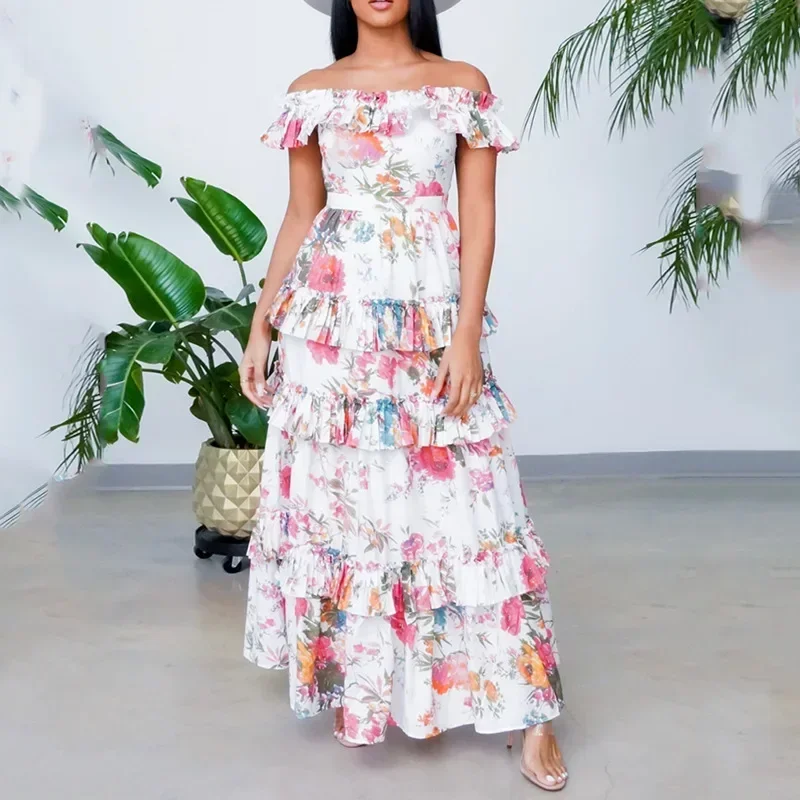 Women Dress Sleeveless Printed Slash Collar Ruffled Fashion Vacation Style Long Dress Off Shoulder Bohe Maxi Beach Dress