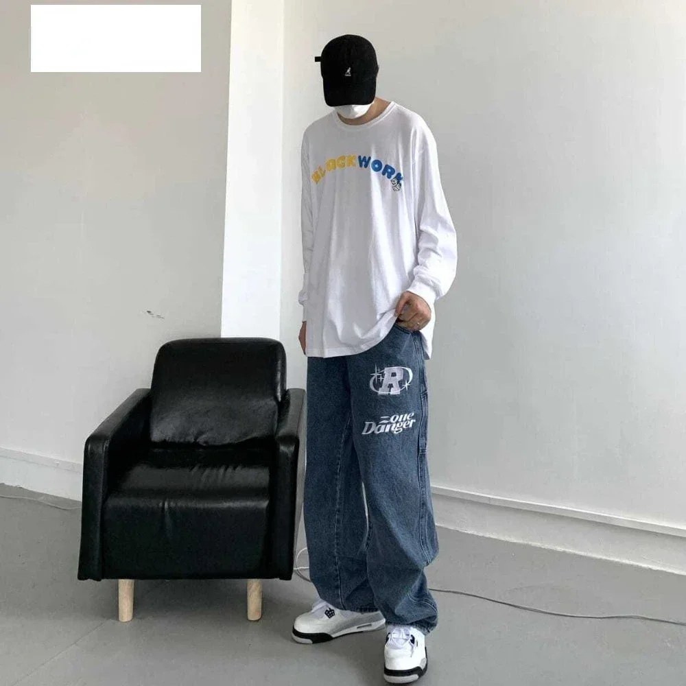 Men's 2025 Spring  Autumn New Vintage Jeans Hip Hop Letter Printing Jeans Loose Straight Leg Wide Leg Pants