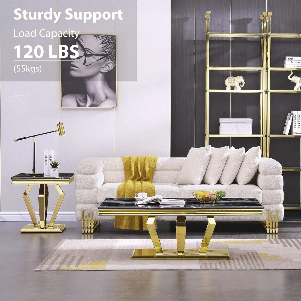 ゴールドコーヒーテーブル、黒とゴールドのコーヒーテーブル、4つの幾何学的なミラーベース付き、金属フレーム付きの長方形ティーテーブル