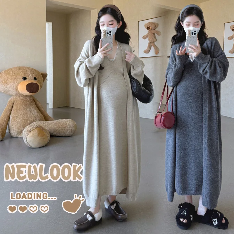 

Maternity Suit Autumn High-End Lazy Style Versatile Long Coat And Lace Paneled V Neck Straight Tank Dress Two Piece Set