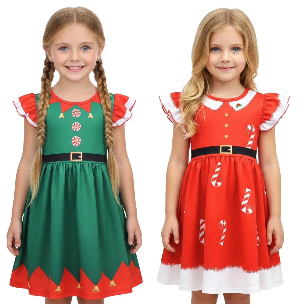

Girls Christmas Dress Set In Red and Green with 3D Digital Print Flying-Sleeve Santa Claus Theme Party Dress Birthday Party Gift