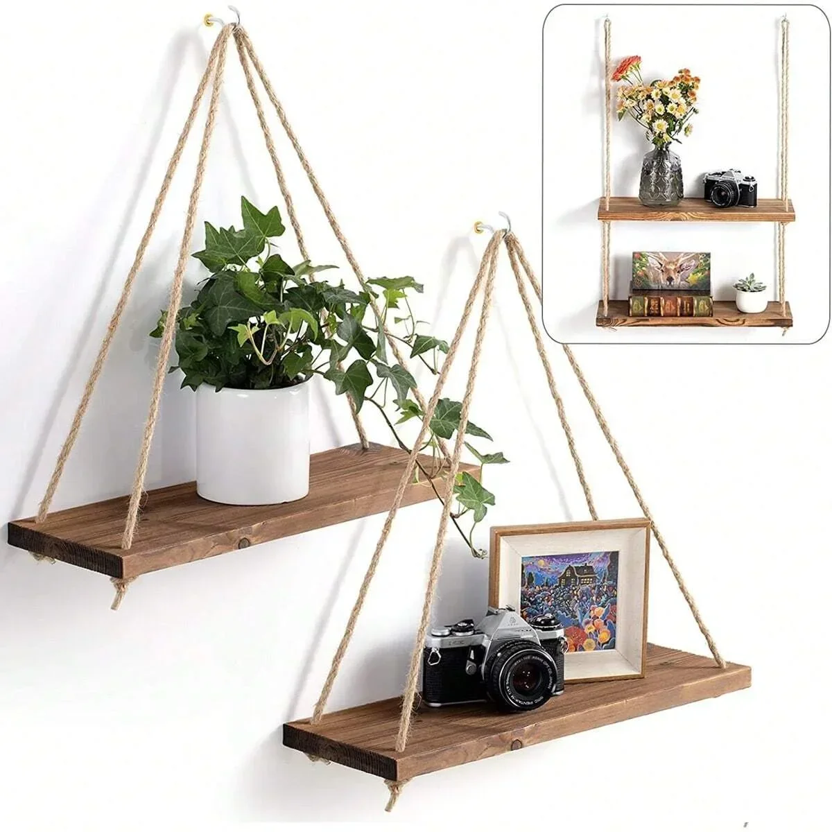 Wooden Rope Swing Wall Hanging Plant Flower Pot Tray Mounted Floating Wall Shelves Nordic Home Decoration Morden Simple Design