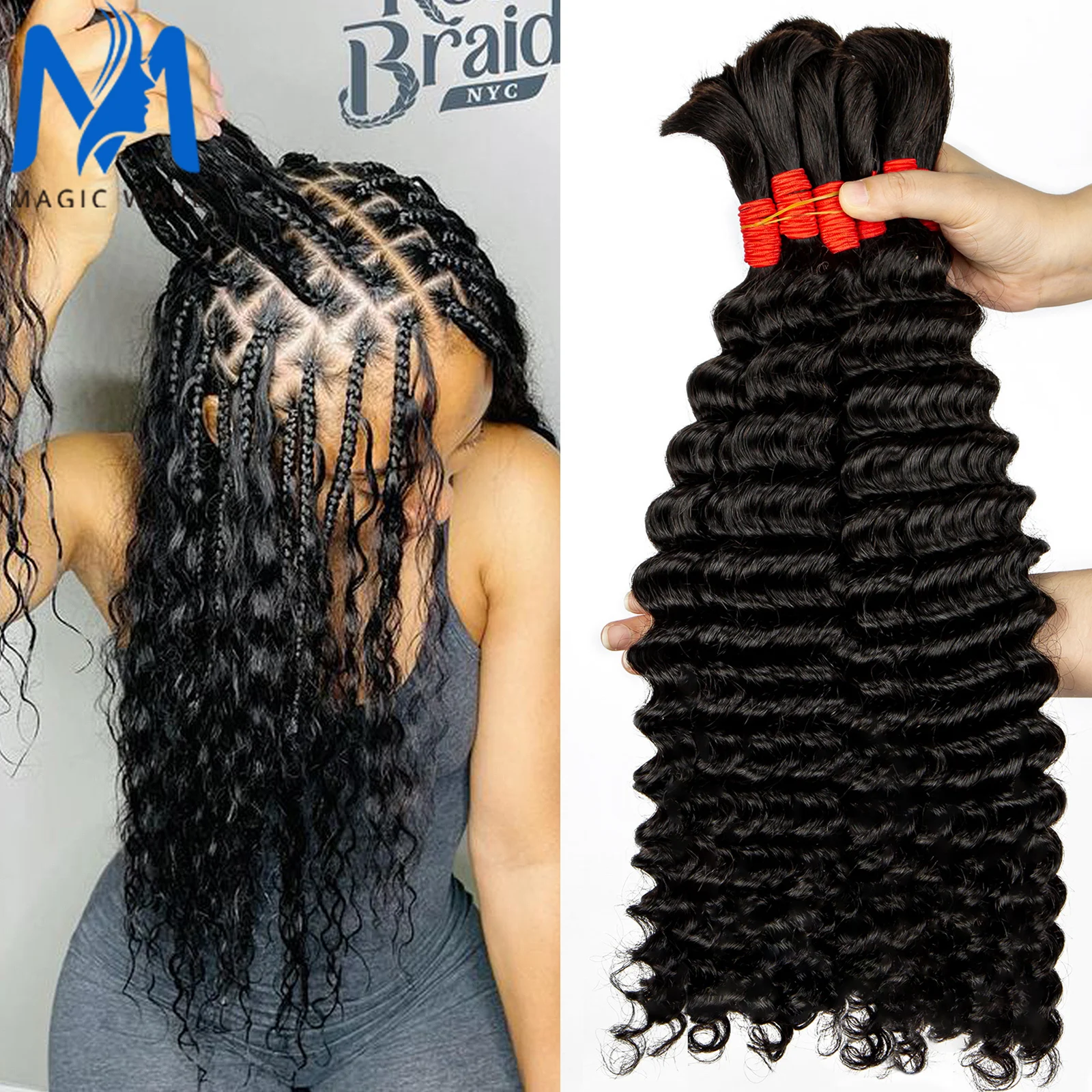 16 18 20 22inch Boho Braiding Hair Human Bulk Hair Deep Wave Bulk for Braiding 100% Unprocessed Brazilian Virgin Hair Extensions