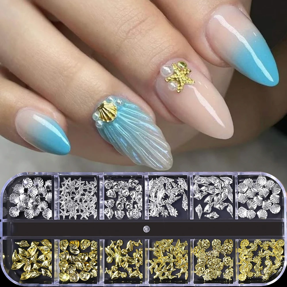 

1 Box Gold Silver Metal Rivets Nails Accessories Shell Starfish Conch Jellyfish Nail Charms Summer Ocean Style Nail Art Decorati