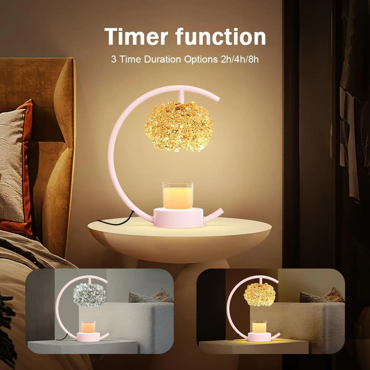 Regulowana Jasność i Timer, Różowa Lampka do Podgrzewania Świec z Kryształową Drewnianą Podstawą, Elektryczna Lampka Dekoracyjna do Domu