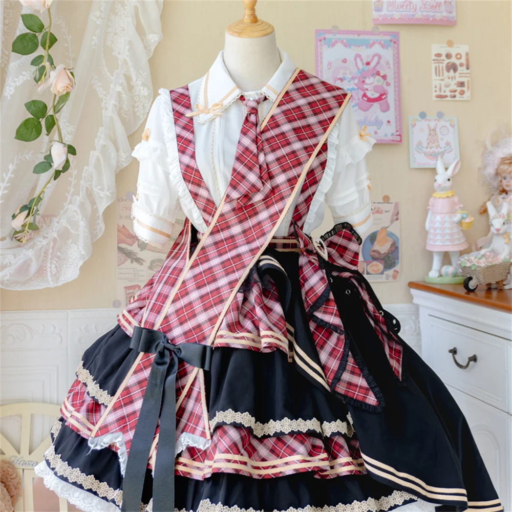 

Singing Girls Plaid Stitching Ribbon Lolita Dress Sweet Woman Preppy Style High Waist Lace Ruffle Cosplay Lolita Fs Loli