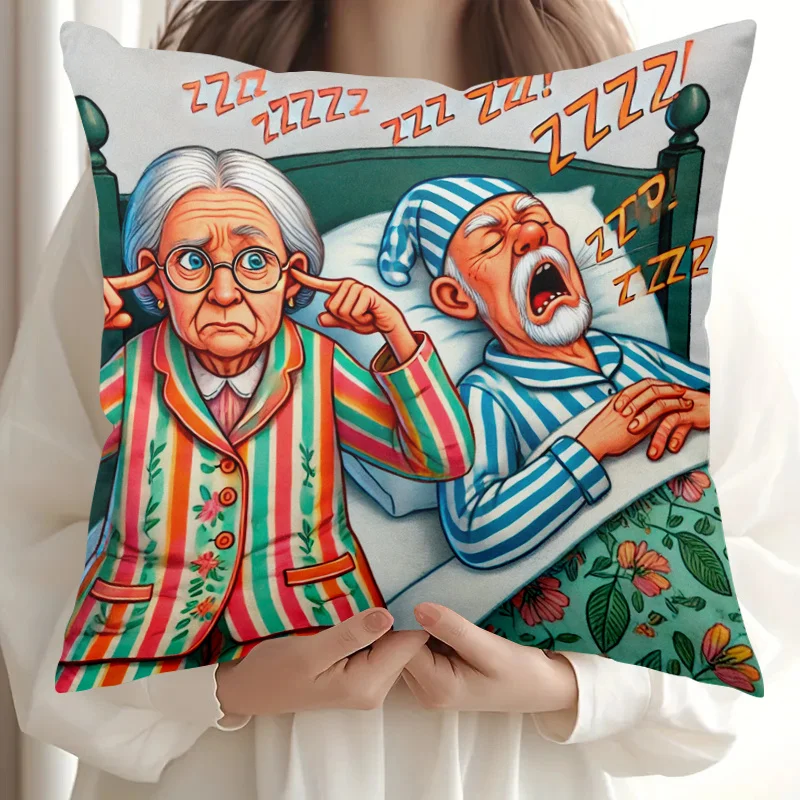 Double Sided Funny Snoring Grandparents Cartoon Design Soft Throw Pillow Cover for Bed Sofa and Leisure Chair Home Decoration